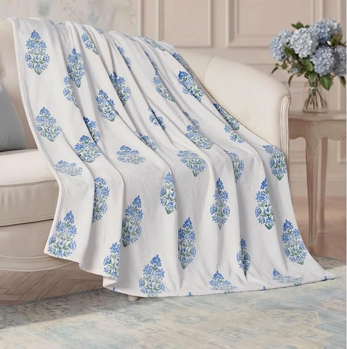 Oversized Plush Throw Blanket 60" x 70", Floral Block Print Blue