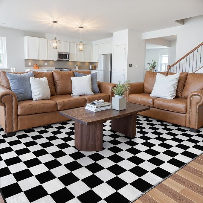 Seavish Checkered Rug 8x10 Black and White Area Rugs for Living Room | Large Low-Pile Bedroom Rugs Modern Cotton Woven Checkerboard Rug Washable Neutral Rug for Dining Room Nursery Office