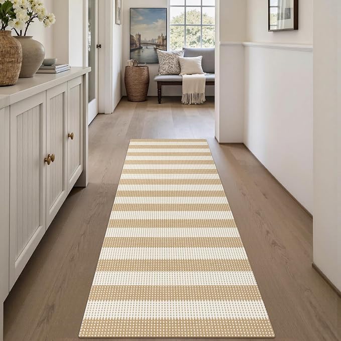 Rugalia Washable Woven Indoor Outdoor Runner Rug, 2x5 Natural Beige Striped Cotton Rug Runners for Hallway Non-Slip Entryway Runner Rugs, Modern Neutral Throw Carpet for Kitchen Porch Patio
