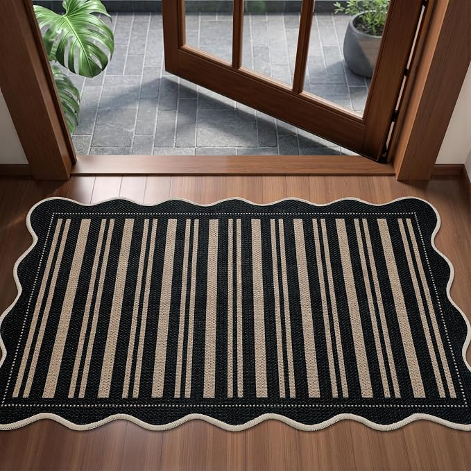 EDIMENS 2x3 Front Door Mat Easy Jute Scalloped Doormat Small Entryway Rug | Striped Non-Slip Washable Area Rug Low Pile Black Indoor Outdoor Farmhouse for Entrance Entry Front Porch Doorway