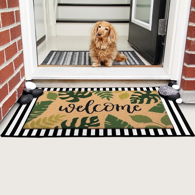 Tinideya 2 Pcs Summer Palm Leaf Door Mat Tropical Leaves Welcome Non Slip Coir Mats Rainforest Floor Layering Doormats Seasonal for Front Porch Entryway Decor(Tropical Leaves)