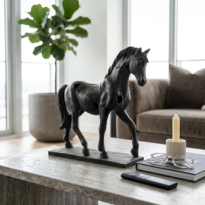Polyresin Horse Sculpture Statue – Decorative Room Decor Accent, Mantel, Shelf, or Console Placement, Rustic Art Home Decor With Sculptural Movement – 18"x 5"x 16", Brown