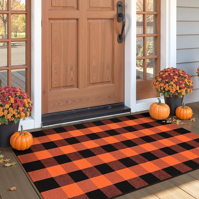 Collive 3x5 Buffalo Plaid Checkered Outdoor Rug, Black and Orange Halloween Fall Decor Door Mat, Washable Front Doormat Outside Entrance, Layered Welcome Mat Porch Cotton are Rugs for Entryway Patio