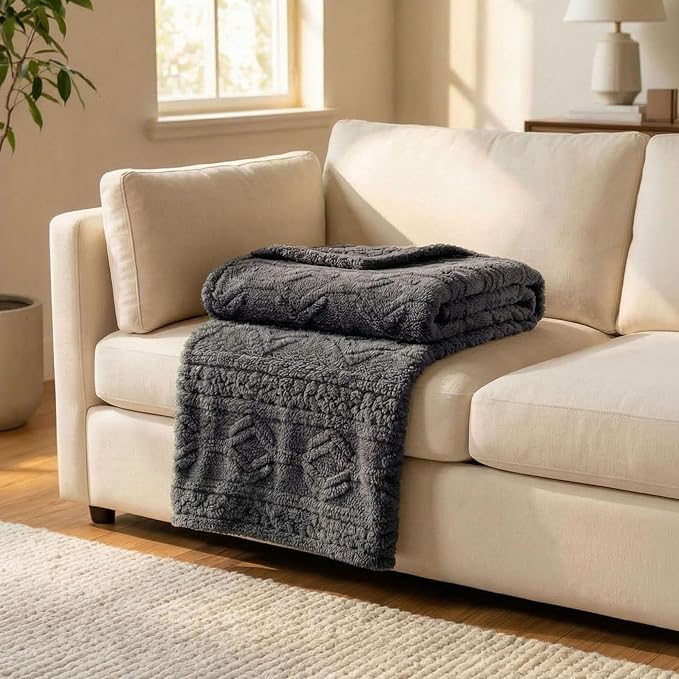 SUPERIOR Fleece Boho Jacquard Blanket, Decorative Blankets for Bedroom, Sofa, Fuzzy, Plush, Fluffy, Soft, Cute Room Decor, Beautiful Cover, Comfort Essentials, Arctic Collection, Throw, Charcoal