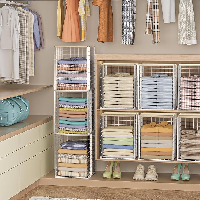 Hencawima 3-Pack Taller Stackable Closet Organizers and Storage with Wood Top,White | Wire Storage Bins for Clothes, Double Storage Design, Sturdy Metal Cube Shelf Organizer for Closet Wardrobe,White