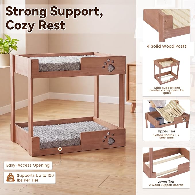 BALAPET Wooden Bunk Dog Bed with 2 Memory Foam Beds | Modern Pet Furniture, Waterproof Liners, Washable Covers, 31.1 x 20.9 x 29.9 in, Bedside Window Perch, For Medium Dogs & Cats