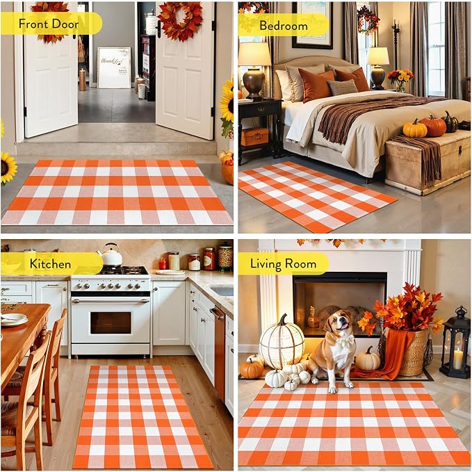 Uphome Bufflo Plaid Outdoor Rug 2'x4.3', Fall Decor Checkered Front Door Mat, Indoor Outdoor Farmhouse Porch Rug for Layered Door Mats, Washable Halloween White/Orange Runner for Patio Entryway