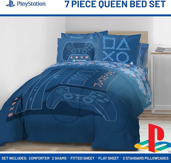 Jay Franco Kids Bed Set, Blue, PlayStation, 7 Piece Queen | Cozy Soft Bedding for Stylish Room Décor with Comforter, Sheets & Pillow Covers