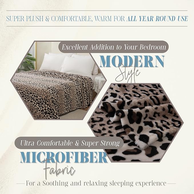 Elegant Comfort Luxury Velvety Feel Blanket, All-Season Lightweight Blanket, Ultra Plush, Soft, Cozy-Fuzzy Flannel Fleece for Couch, Sofa, Bed, Travel, Animal Print Design, Twin/Twin XL, Leopard