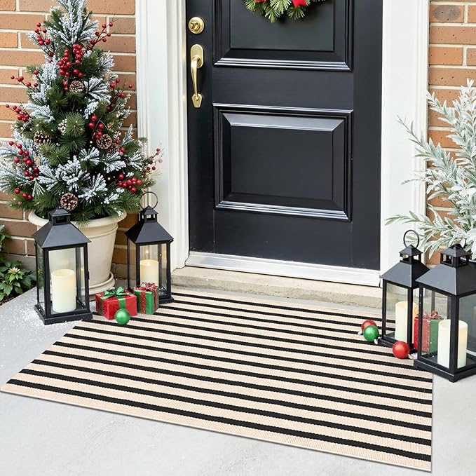 OLANLY Beige and Black Striped Rug 2' x 4'3" (24" x 51") – Washable Cotton Doormat for Indoor Outdoor Use, Layered Front Porch Rug for Entryway, Kitchen, Patio