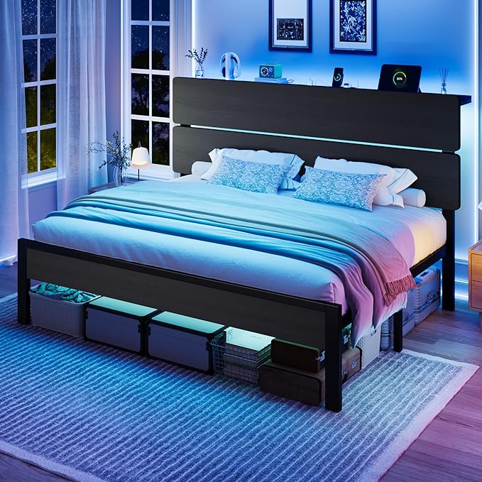 SHA CERLIN King Size Bed Frame, Led Light, Charging Station, Storage Shelf | Wooden Headboard, Heavy Duty Slats Support, Metal Platform Bed, Under Bed Storage, No Box Spring Needed, Noise Free, Black