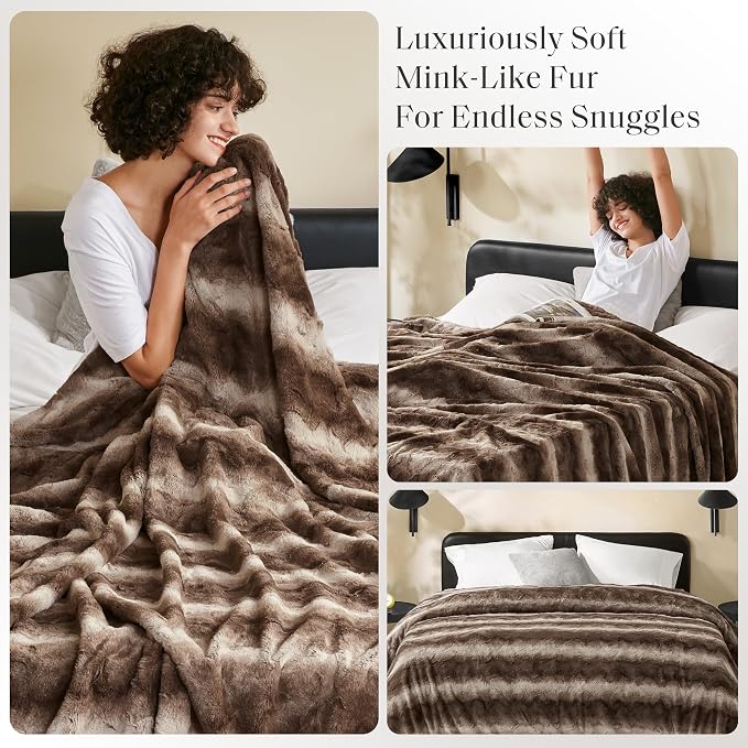 Madison Park Zuri Ultra Soft Faux Fur Queen Blanket Reversible, Brown | Ultra Soft, Breathable Fabric for Bed or Couch, Lightweight, Plush, OEKO-TEX Certified