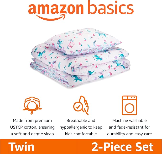 Amazon Basics Kids' 3-Piece Lightweight Cotton Shell Reversible Comforter Set with Pillow Sham, USTCP Certified, Twin, Unicorns and Rainbows