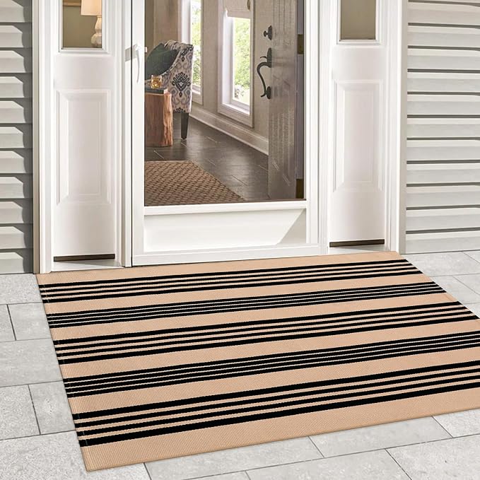 LEEVAN 3'X5' Black and Tan Striped Woven Cotton Reversible Outdoor Rug | Small Machine Washable Front Porch Rug, Entryway Door Mat, Indoor Layering Carpet for Farmhouse Bathroom Laundry