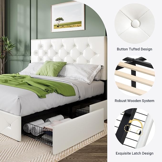 Allewie Upholstered Queen Size Platform Bed Frame with 4 Storage Drawers and Headboard, Diamond Stitched Button Tufted, Mattress Foundation with Wooden Slats Support, No Box Spring Needed, White