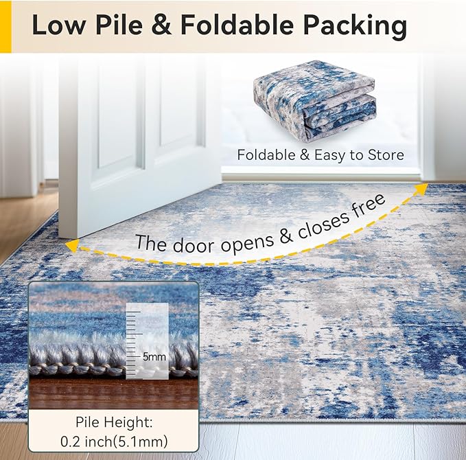 Washable Area Rugs 2'6'' x14 Non-Slip Modern Abstract Soft for Living Room Entryway Bedroom Nursery, Print Pattern, Blue Grey Navy Gray