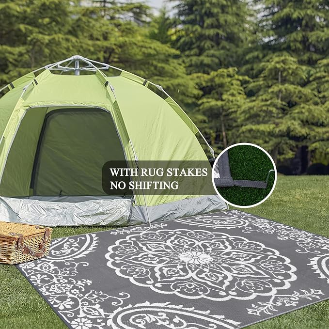 Pauwer Outdoor Rug 5x8, Waterproof Plastic Straw Camping Rug, Boho Grey | Reversible Patio Rug, UV Resistant Indoor Outdoor RV Mat Carpet For Deck, Camper, Porch, Balcony, Backyard, Picnic, Foldable