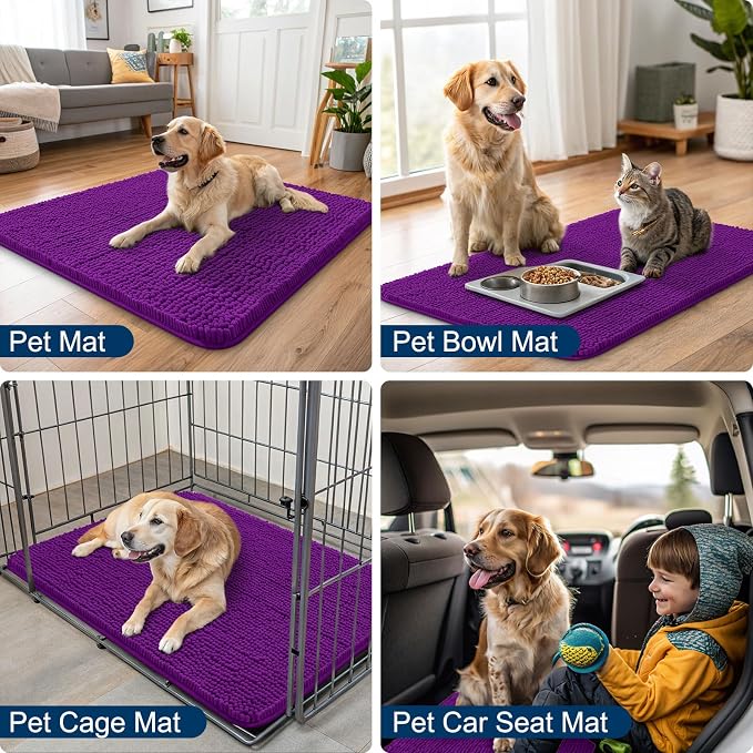 Smiry Dog Door Mat for Muddy Paws 36x24, Absorbent Dirt Trapper, Non-Slip Washable Chenille Entryway Rug for Inside Floor, Purple, Classic Solid