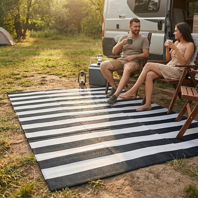 FH Home Outdoor Camping Rug - Waterproof, Fade Resistant, Reversible - Premium Recycled Plastic - Striped - Large Patio, Deck, Sunroom, RV - Brittany Stripe - Black & White - 9 x 18 ft Foldable