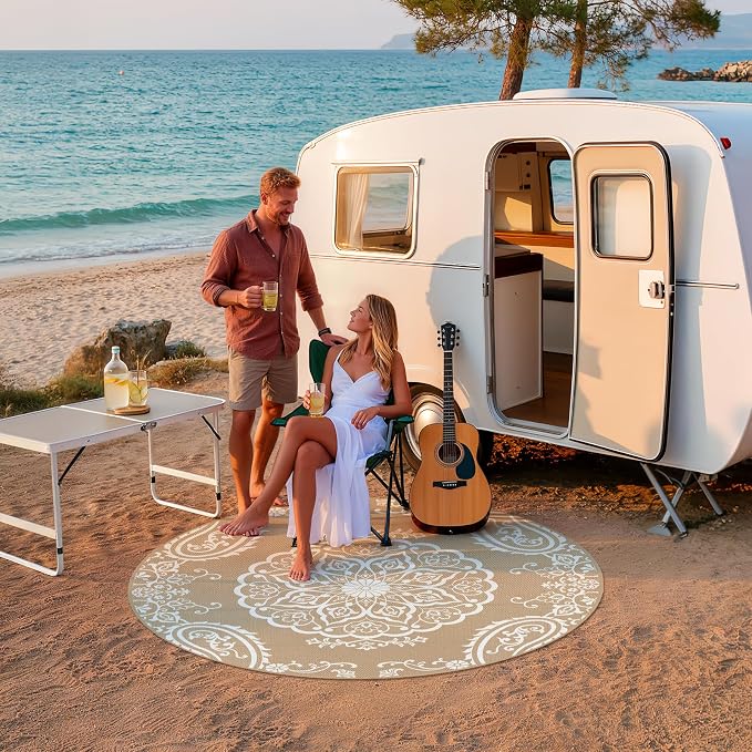 Pauwer Outdoor Rug 6ft, Waterproof Plastic Straw Camping Rug, Boho Brown | Reversible Patio Rug, UV Resistant Indoor Outdoor RV Mat Carpet For Deck, Camper, Porch, Balcony, Backyard, Picnic, Foldable