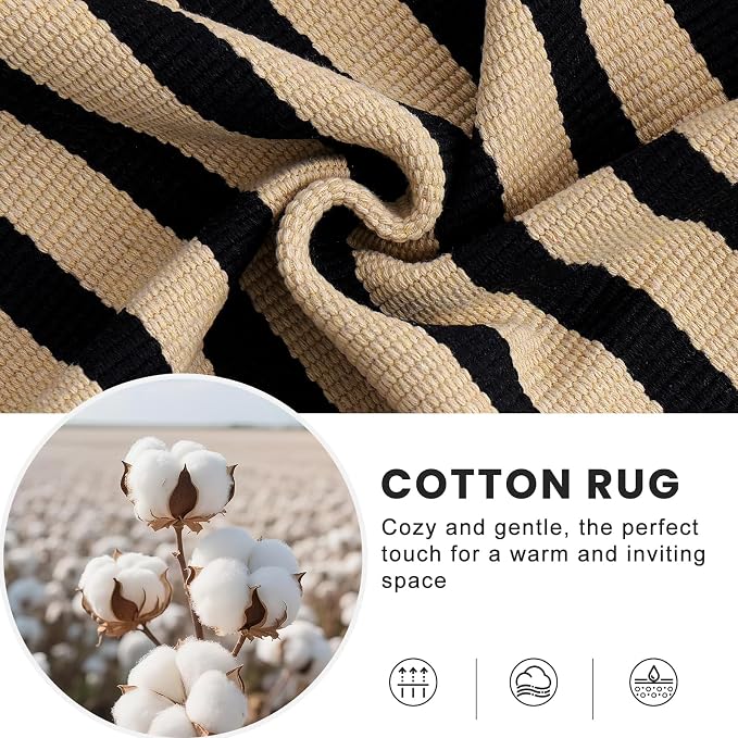 OLANLY Brown and Black Striped Rug 2' x 4'3" (24" x 51") – Washable Cotton Doormat for Indoor Outdoor Use, Layered Front Porch Rug for Entryway, Kitchen, Patio