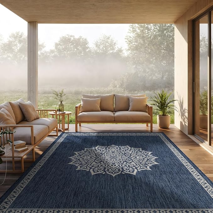 CAMILSON Outdoor Rug 8x10 Medallion Blue Modern Area Rugs for Indoor and Outdoor Patios Kitchen and Hallway Mats Washable Porch Deck Outside Carpet (Medallion Blue 8 x 10)