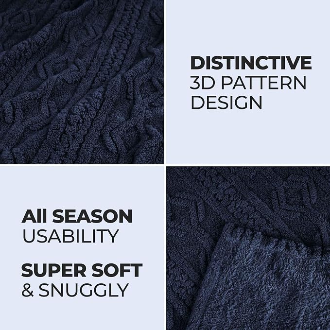 SUPERIOR Fleece Boho Jacquard Blanket, Decorative Blankets for Bedroom, Sofa, Fuzzy, Plush, Fluffy, Soft, Cute Room Decor, Beautiful Cover, Comfort Essentials, Arctic Collection, Twin, Navy Blue