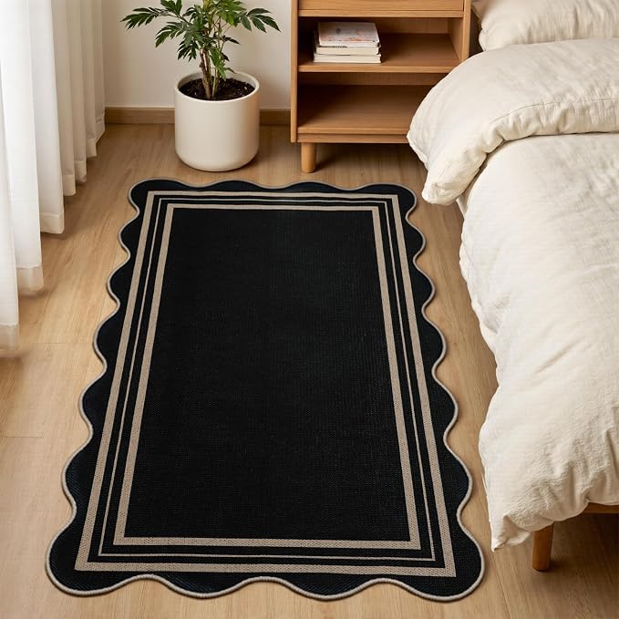 EDIMENS Scalloped Easy Jute 3x5 Outdoor Rug, Washable Non-Slip Geometric Black Rugs for Entryway, Indoor Outdoor Farmhouse Rug Modern Carpet Door Mat Area Rug for Patio Living Room Porch Kitchen