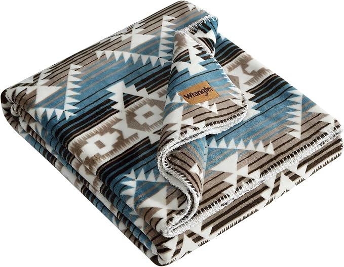 Wrangler - Oversized Fleece Throw Blanket for Couch 60x70, Ultra Soft Reversible Plush Blanket, Americana Decor, Cozy Western Style Throw for Sofa, Bed, Living Room (Jericho Aqua/Brown)