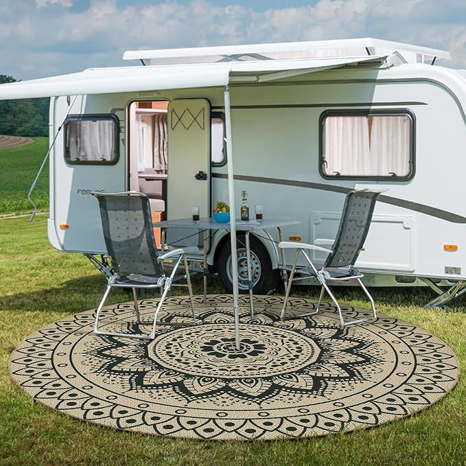 Faux Jute Outdoor Round Rug, 8ft Washable Indoor Outdoor Patio Rug, Black Non Slip Round Area Rug Farmhouse, Boho Carpet for Backyard Patio