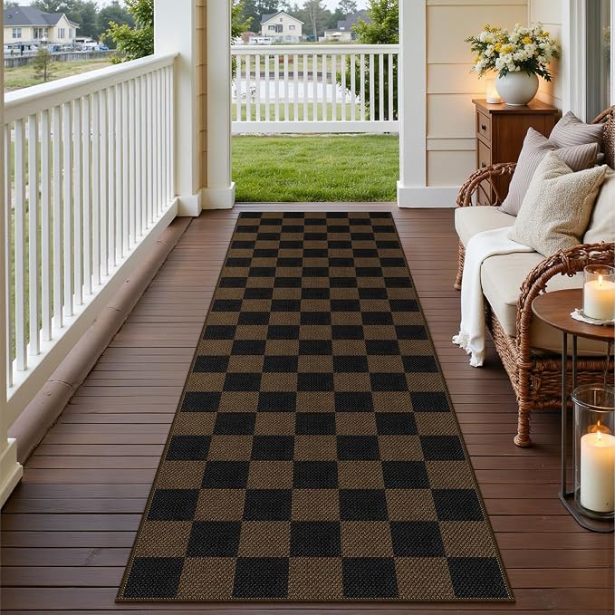 Rugalia Easy Jute Checkered Runner Rug, 2.6x8 Coffee Modern Washable Rugs Runner for Hallway Non-Slip Kitchen Runner Rug, Neutral Checkerboard Indoor Outdoor Carpet for Porch Laundry Entryway