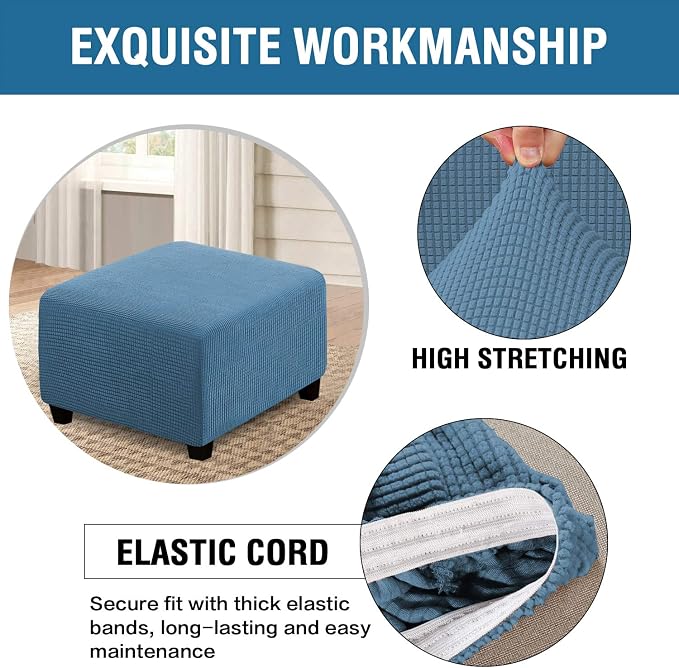 H.VERSAILTEX Square Ottoman Covers Ottoman Slipcovers Folding Storage Stool Furniture Protector Form Fit with Elastic Bottom, Stretch High Spandex Small Checks Jacquard Fabric(Large,Dusty Blue)