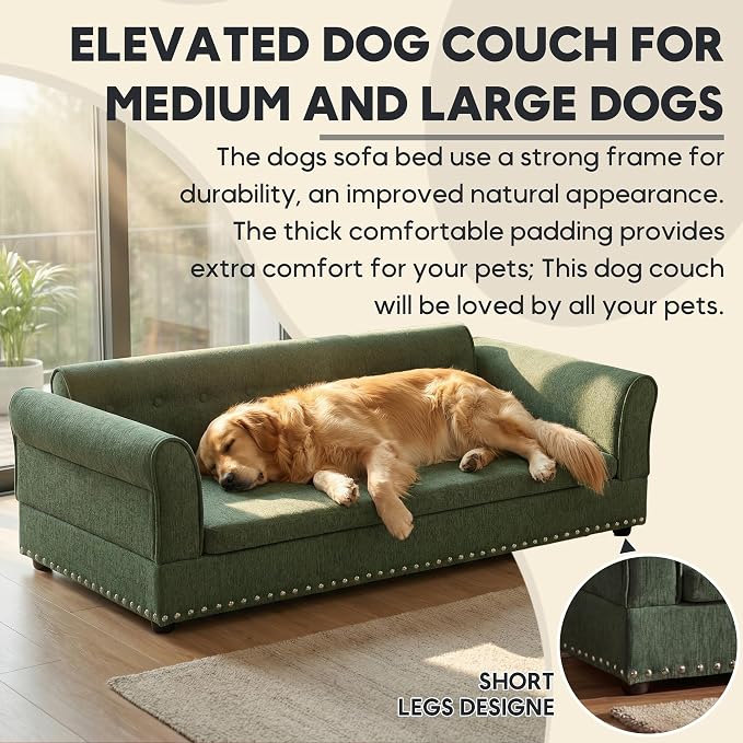 55" Dog Sofa for Medium to Large Dogs, Button Tufted Dog Couch Bed with Backrest and Armrests, Durable Memory Foam Pet Bed, Removable Cushion for Medium and Large Dogs, Green