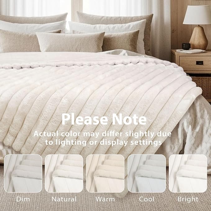 DEZ FURNISHINGS Luxury Reversible Textured Stripe Faux Fur & Velvet Throw Blanket, Twin (66" x 90"), Taupe