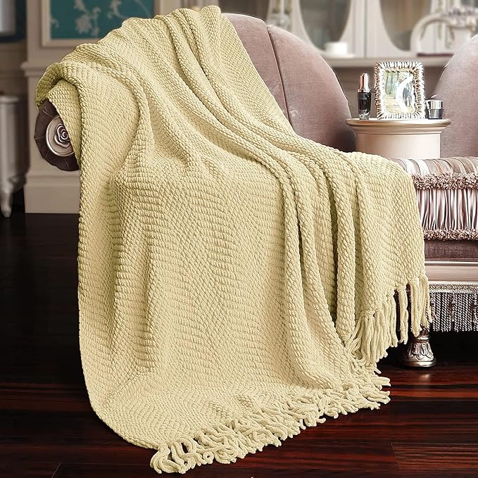 Home Soft Things Throw Blanket Knitted Tweed Throw 60'' x 80‘’, Light Camel, Super Soft Cozy Warm Comfortable Breathable Throw for Living Room Chair Couch Bed Sofa Bedroom Home Décor