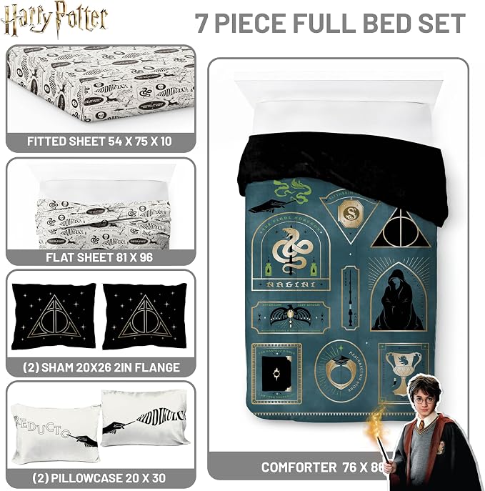 Harry Potter Full Comforter Set 7 Piece Soft Fantasy Bedding, Blue | Deathly Hallows, Bed in a Bag, Comforter Sheets Shams Pillowcases, Official Product, Soft Microfiber, Machine Washable, Gift