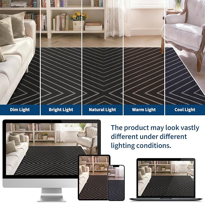 Garvee Easy Jute Rug 2x6 Runner Rug, Hallway Runner Stain Resistant Low Pile Thin Non Shedding Pet Friendly Carpet for Entrance Kithchen Bathroom Porch Striped Minimalism Area Rug 2'x6' Black