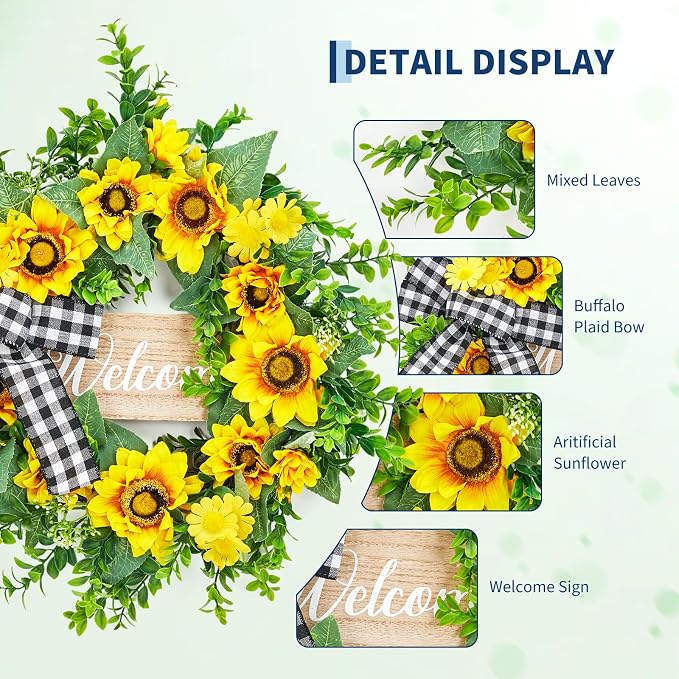 Garvee 20 Inch Sunflower Wreath with Welcome Sign, Spring Summer Wreaths for Front Door with Yellow Blooms and Buffalo Plaid Bow, for Farmhouse Porch Window Wall Home Decor