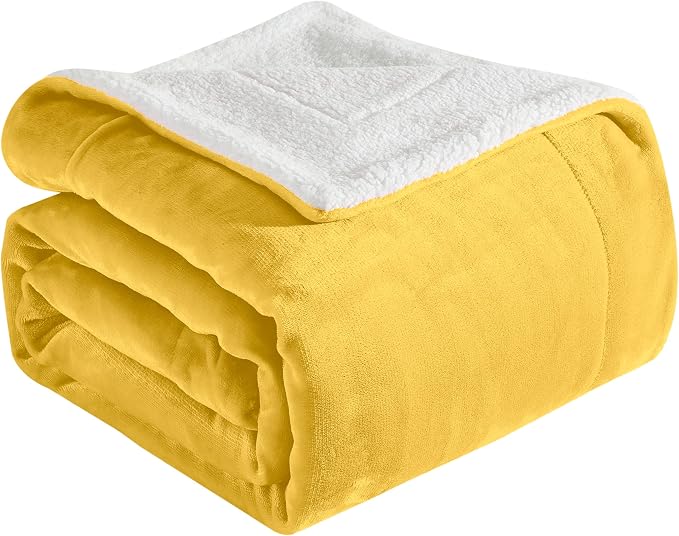 Elegant Comfort Ultra Soft Reversible Flannel Sherpa Blanket - Cozy Silky Fleece Throw for Couch, Bed - Plush Fuzzy Warm Winter Blanket for Gift, King, Yellow