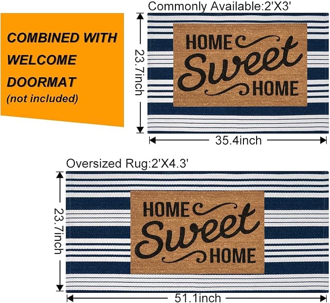 Blue and White Striped Rug 24'' x 51''Outdoor Front Porch Rug Cotton Woven Machine WashableLayered Door Mats for Entryway/Bedroom/Outdoor