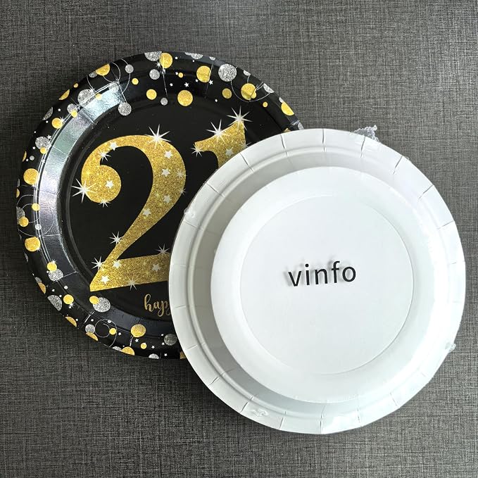 21st Birthday Party Supplies Set-16 Guests-Black And Gold Disposable Tableware kit, 21 Years Birthday Decorations, Include Paper Plates, 12oz Cups Napkins Banners Tablecloth Straws Cutlery…