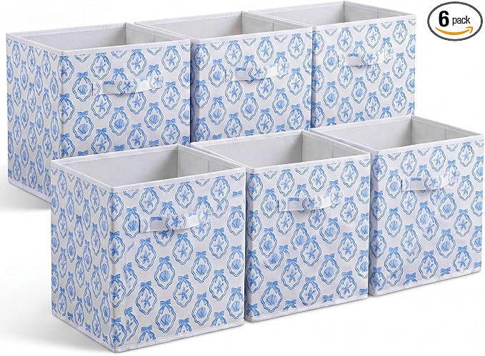 Geelin 6 Pcs Blue Bow Seashell Storage Bins 11 Inch Summer Beach Storage Basket with Handle, Coastal Organizer Basket, Ocean Collapsible Fabric Box for Classroom Bedrooms Office Home Decoration Gift