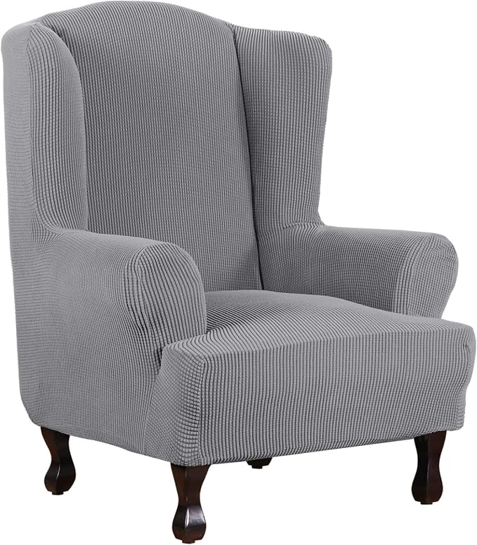 H.VERSAILTEX Wing Chair Slipcover Chair Covers for Wingback Chairs Wingback Chair Covers Slipcovers 1 Piece Stretch Sofa Cover Furniture Protector Soft Spandex Jacquard Checked Pattern, Dove