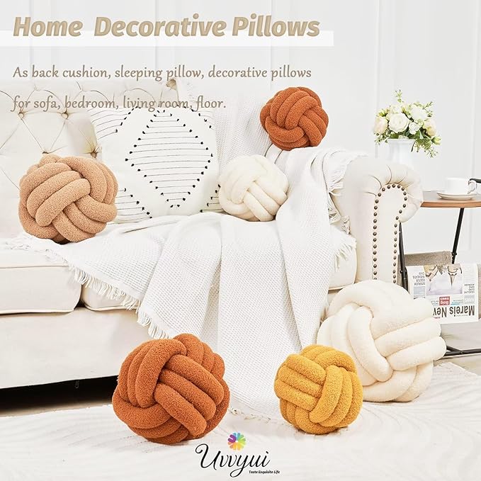 Uvvyui Knot Pillow Ball, Soft Home Decorative Round Throw Pillow, Handmade Knotted Plush Pillow, Round Boucle Pillow Cushion (8.6 Inches Burgundy)