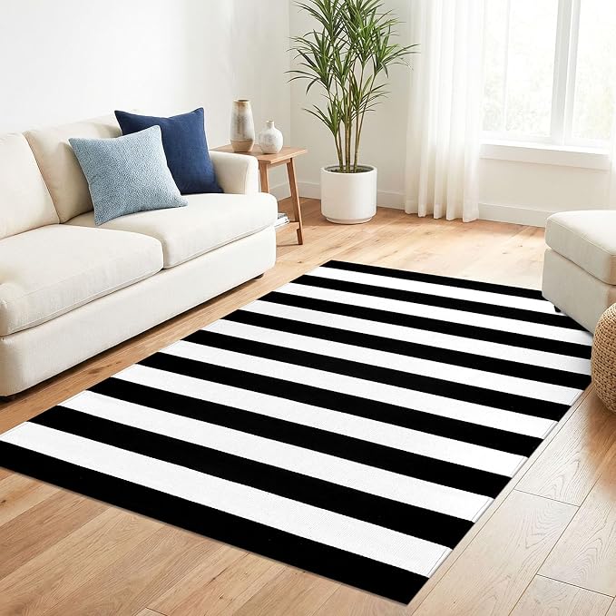 KILOCOCO Black White Striped Rug 4x6 ft Front Door Mat Outdoor Washable Rug