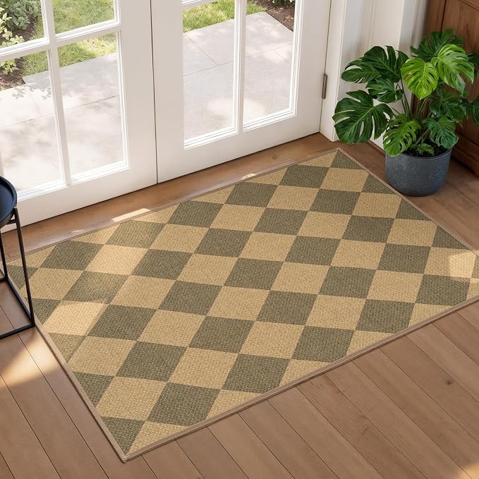 Lessymo Entryway Rug 2x3, Washable Easy Jute Checkered Indoor Outdoor Rug | Non Slip Front Door Mats for Kitchen Porch Bathroom Bedroom Bedside, Farmhouse Carpet, Kid Pet Friendly, Diamond Brown/Beige