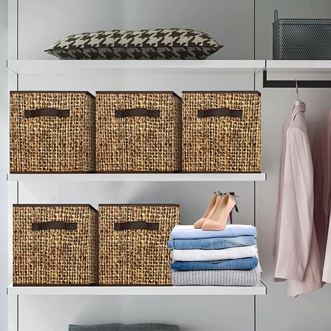 homyfort 12x12 Cube Storage Bins - Fabric Cubby Bins with Dual Handles, Collapsible Storage Organizer for Shelf, Closet, Nursery, Set of 6 （PRINTING instead of Rattan Weaving）