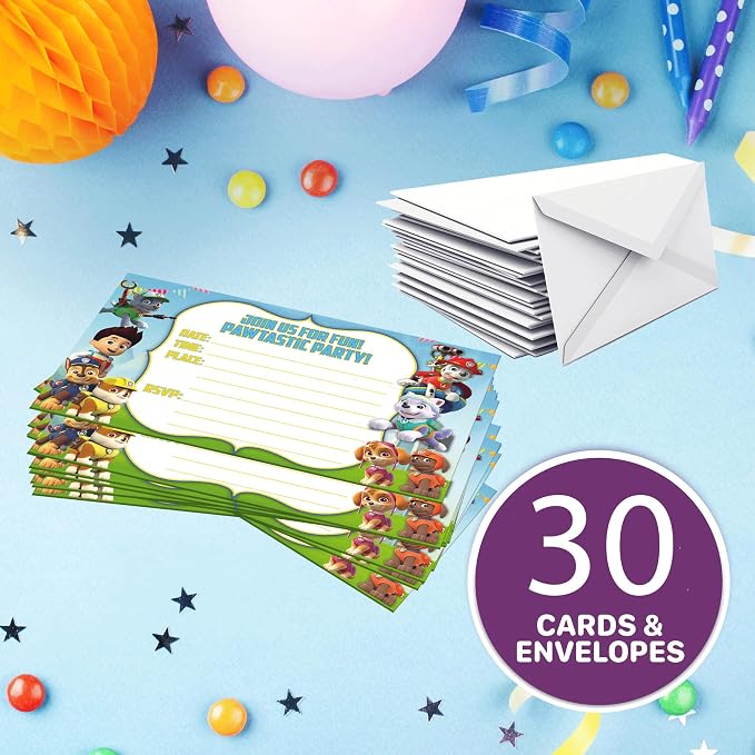 30x Power Dog Birthday Invitations and Envelopes – Fill-in Happy Birthday Party Invitations for Kids, 6X4 Inches, Postcard Style