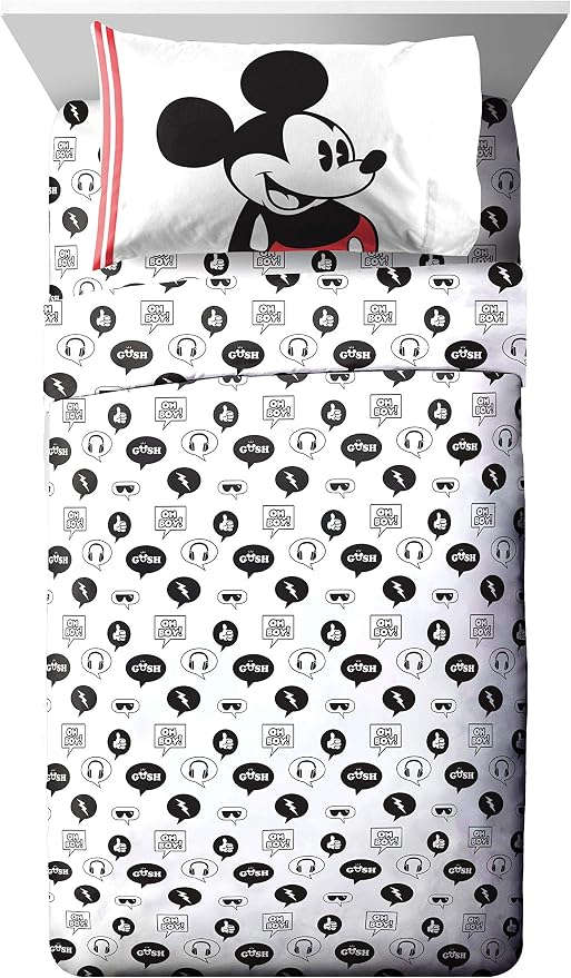 Disney Mickey Mouse Twin Comforter Set 4 Piece Cartoon Bedding, Gray | Bed in a Bag, Comforter Sheets Pillowcase, Official Product, Soft Microfiber, Machine Washable, Easy Care, Kids Gift
