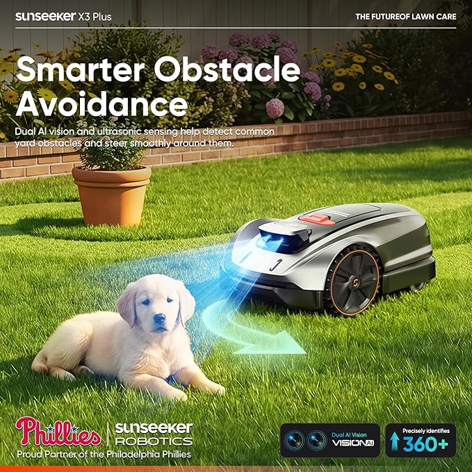 Sunseeker X3 Plus Robot Lawn Mower, RTK, Vision AI, 0.3 Acre, Wire-Free | Efficient edge cutting for homeowners with small to midsize suburban yards, multiple zones and defined borders.